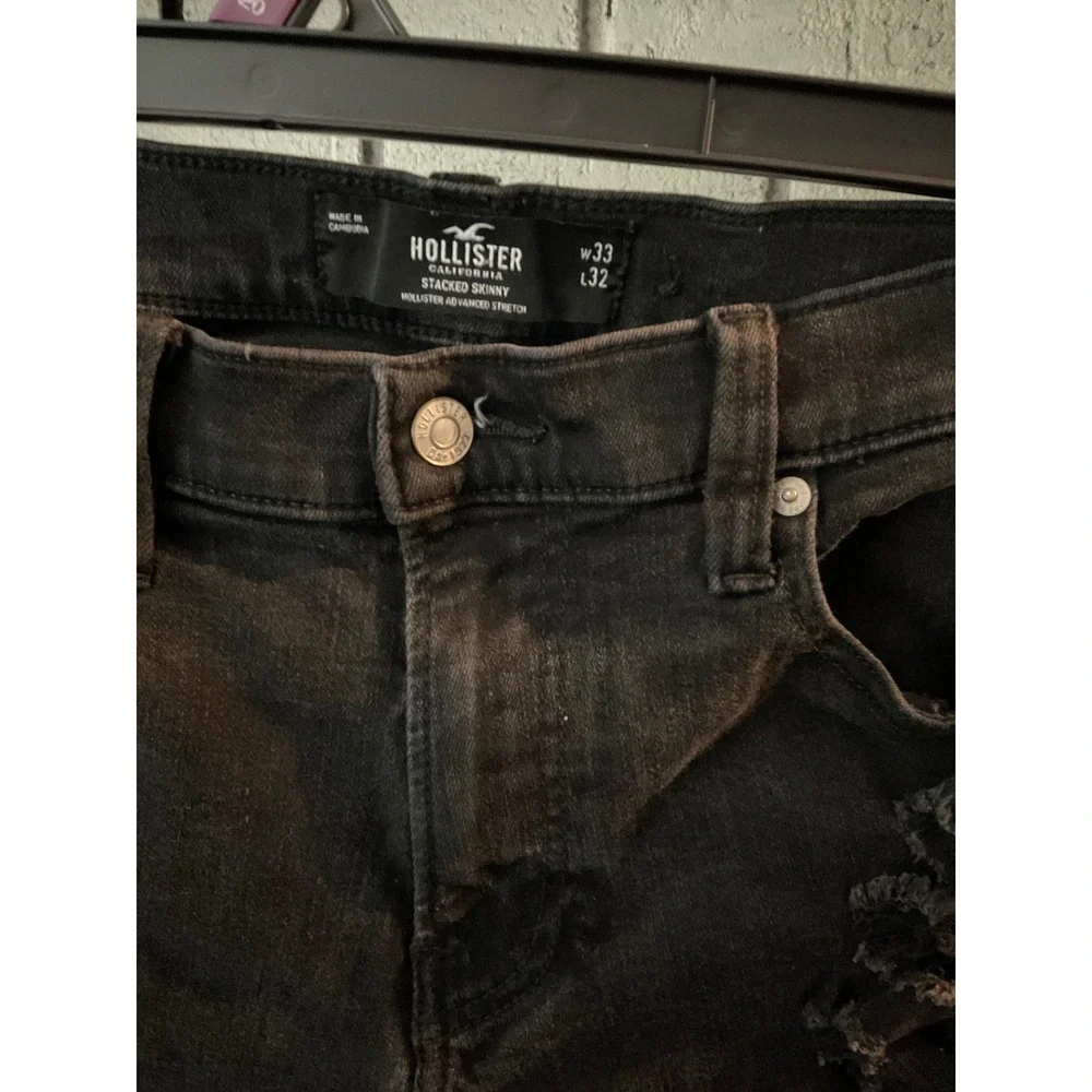 Hollister Mens Stacked Skinny Distressed Black Ripped Jeans 33x32 Advanced